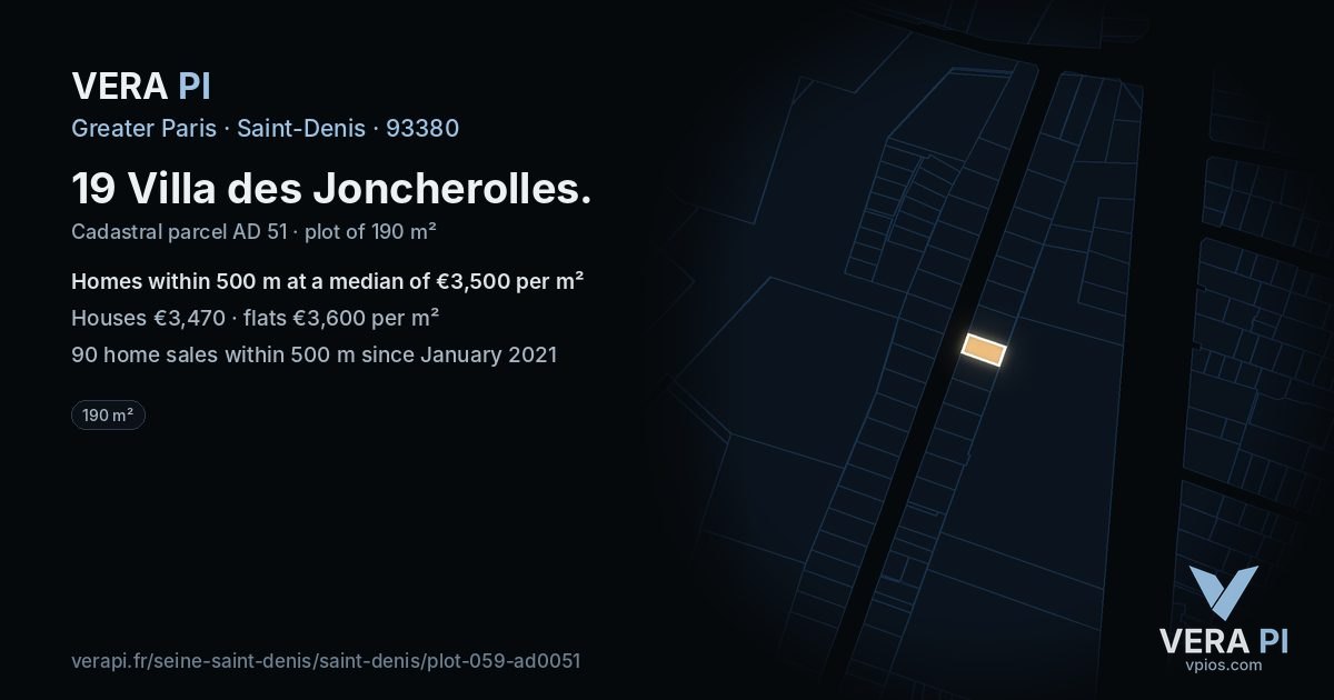 19 Villa des Joncherolles, Saint-Denis at night – the plot lit, the parcels around coloured by the prices near them