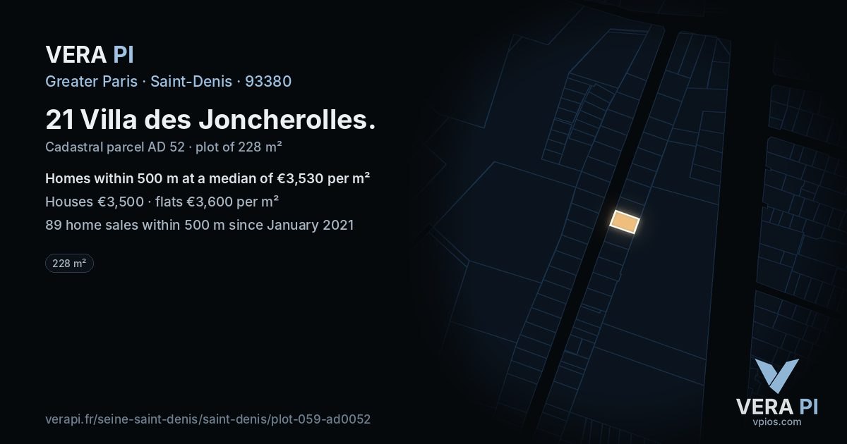21 Villa des Joncherolles, Saint-Denis at night – the plot lit, the parcels around coloured by the prices near them