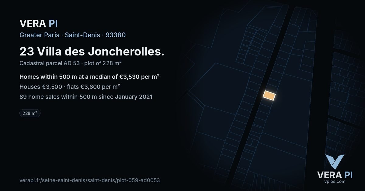 23 Villa des Joncherolles, Saint-Denis at night – the plot lit, the parcels around coloured by the prices near them