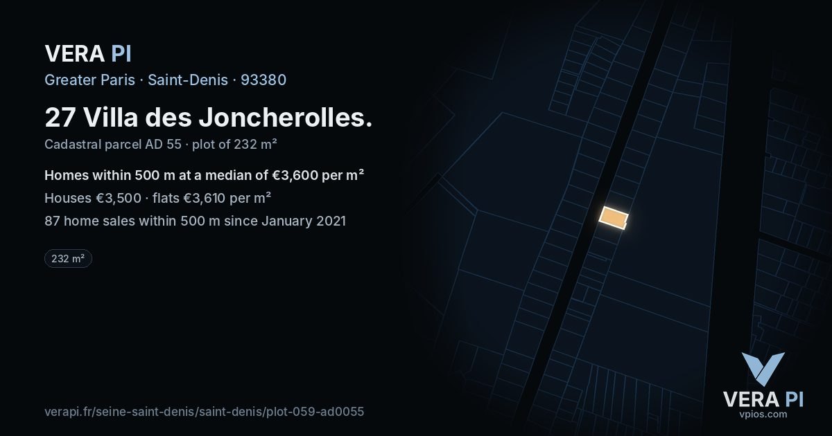 27 Villa des Joncherolles, Saint-Denis at night – the plot lit, the parcels around coloured by the prices near them