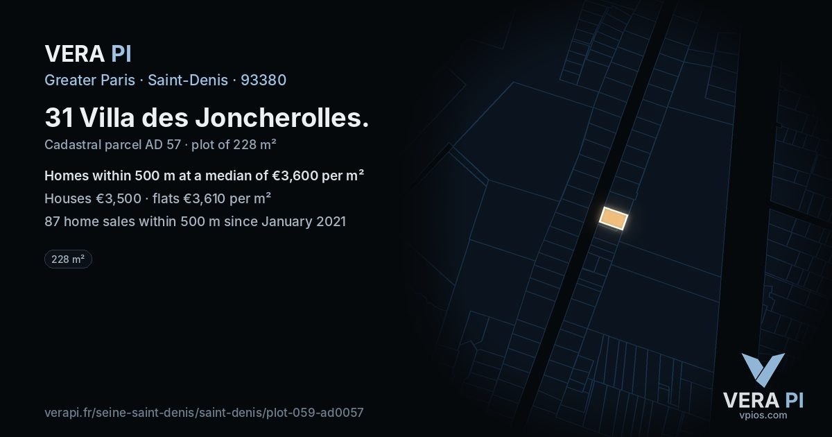 31 Villa des Joncherolles, Saint-Denis at night – the plot lit, the parcels around coloured by the prices near them
