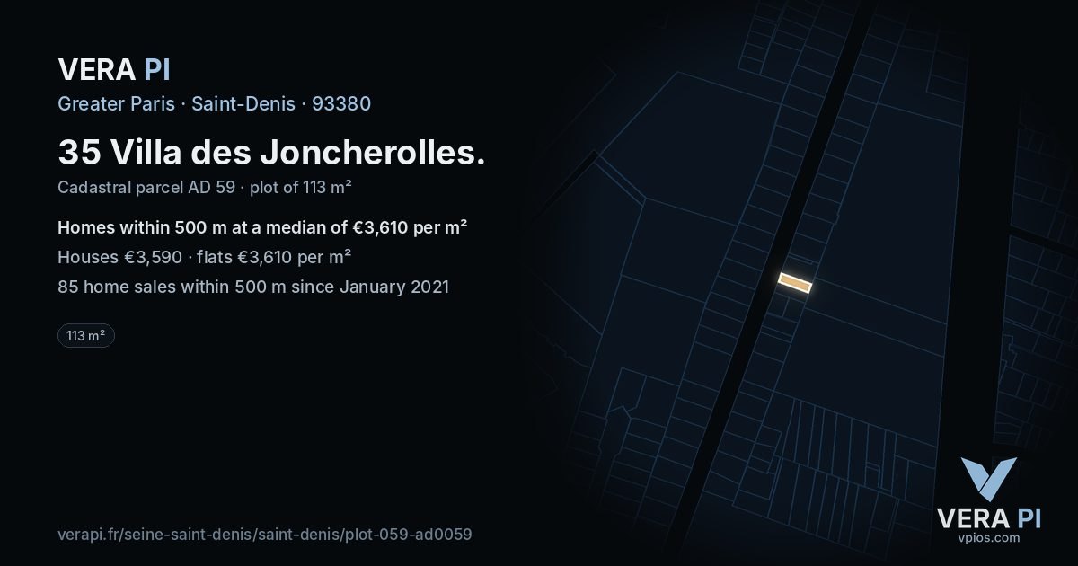 35 Villa des Joncherolles, Saint-Denis at night – the plot lit, the parcels around coloured by the prices near them