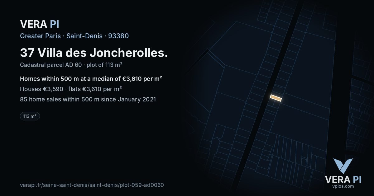 37 Villa des Joncherolles, Saint-Denis at night – the plot lit, the parcels around coloured by the prices near them