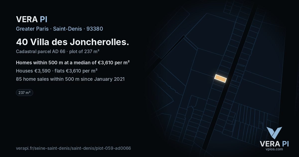 40 Villa des Joncherolles, Saint-Denis at night – the plot lit, the parcels around coloured by the prices near them