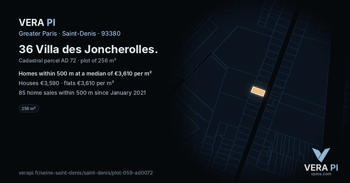 36 Villa des Joncherolles, Saint-Denis at night – the plot lit, the parcels around coloured by the prices near them