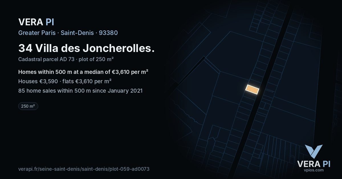 34 Villa des Joncherolles, Saint-Denis at night – the plot lit, the parcels around coloured by the prices near them