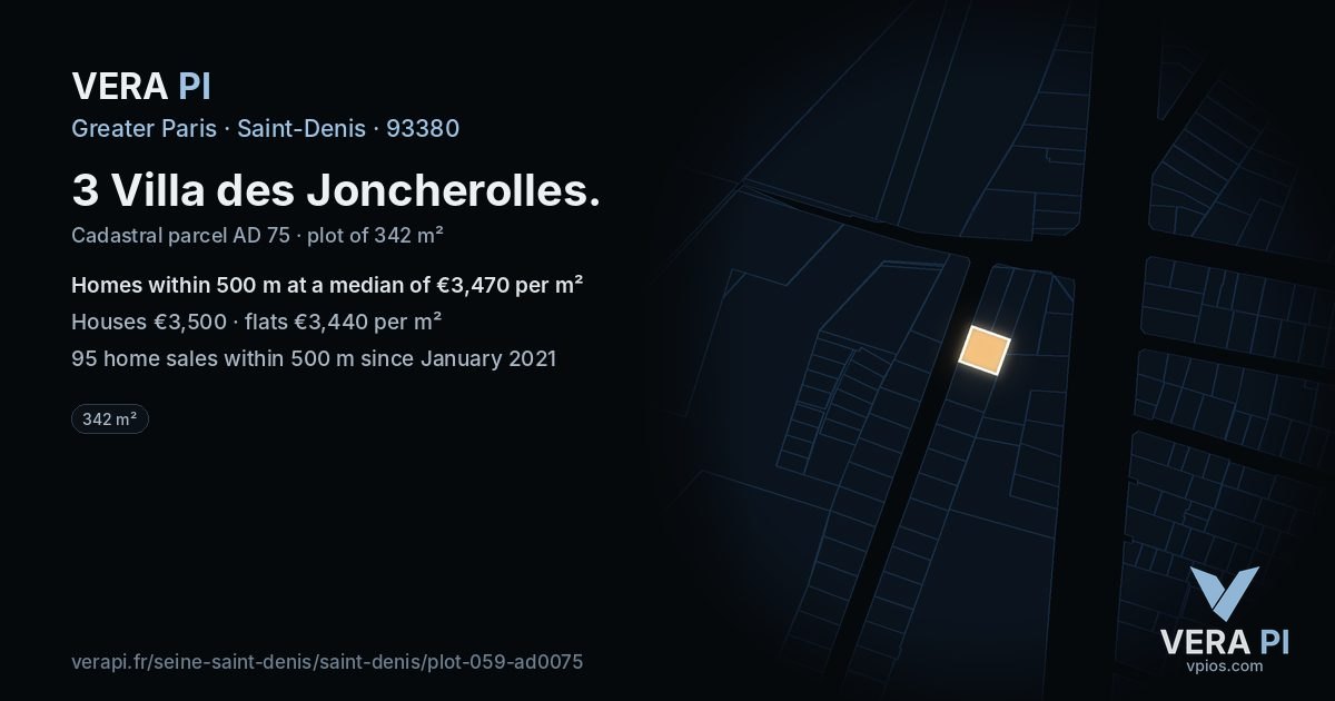 3 Villa des Joncherolles, Saint-Denis at night – the plot lit, the parcels around coloured by the prices near them