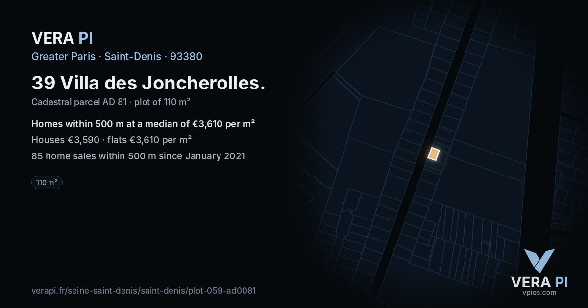 39 Villa des Joncherolles, Saint-Denis at night – the plot lit, the parcels around coloured by the prices near them
