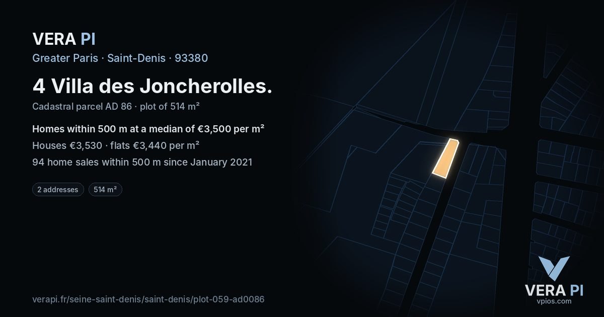 4 Villa des Joncherolles, Saint-Denis at night – the plot lit, the parcels around coloured by the prices near them