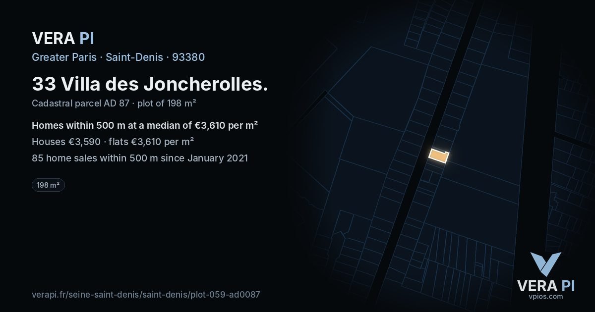 33 Villa des Joncherolles, Saint-Denis at night – the plot lit, the parcels around coloured by the prices near them