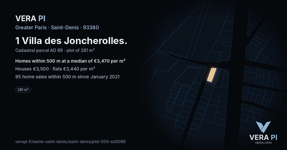 1 Villa des Joncherolles, Saint-Denis at night – the plot lit, the parcels around coloured by the prices near them