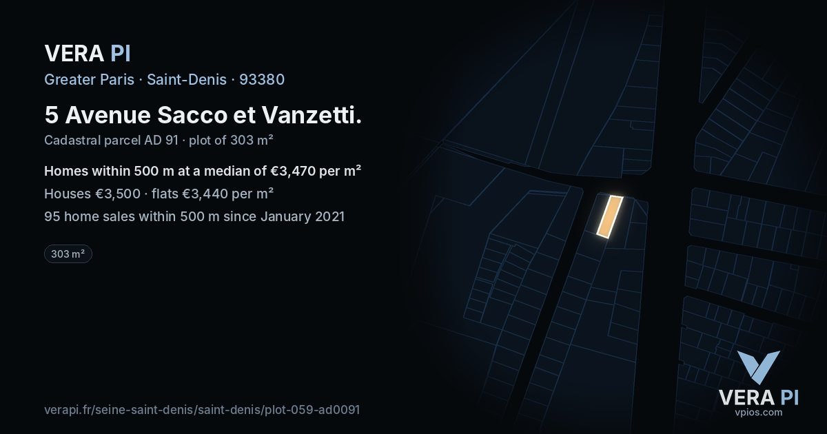 5 Avenue Sacco et Vanzetti, Saint-Denis at night – the plot lit, the parcels around coloured by the prices near them
