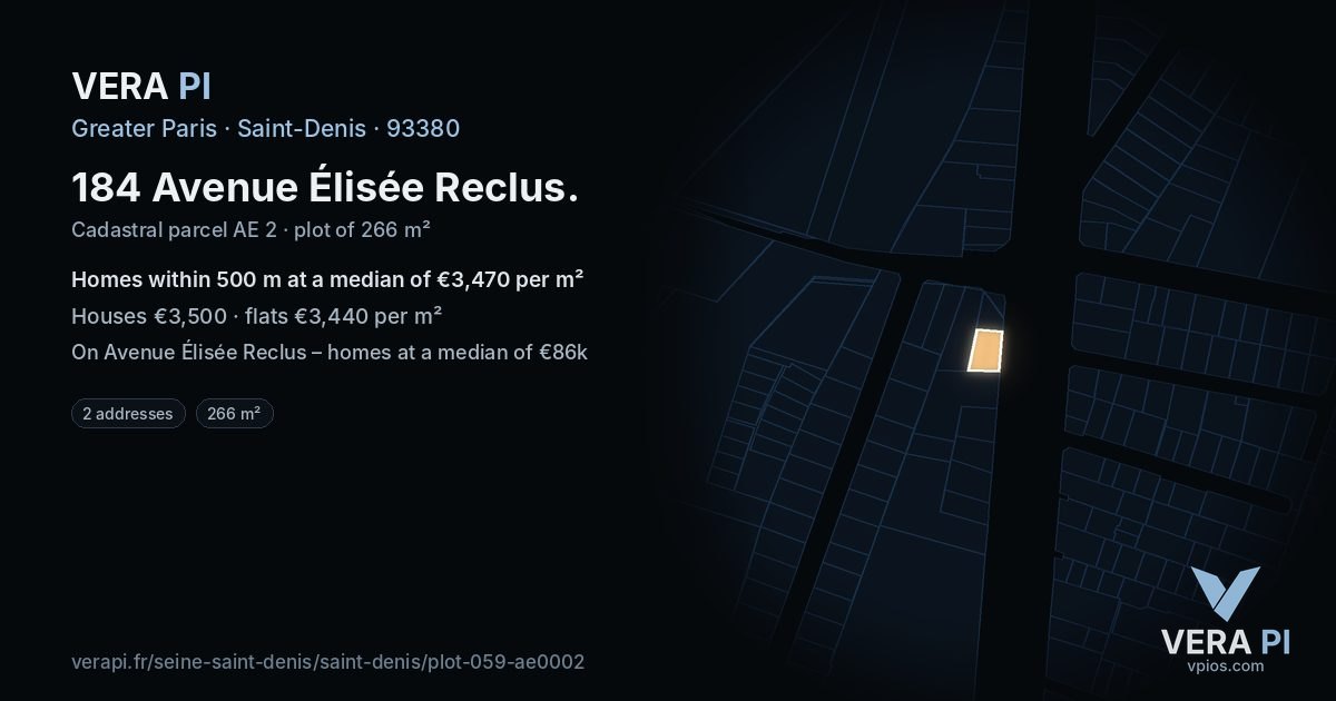 184 Avenue Élisée Reclus, Saint-Denis at night – the plot lit, the parcels around coloured by the prices near them