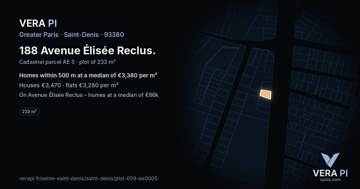 188 Avenue Élisée Reclus, Saint-Denis at night – the plot lit, the parcels around coloured by the prices near them