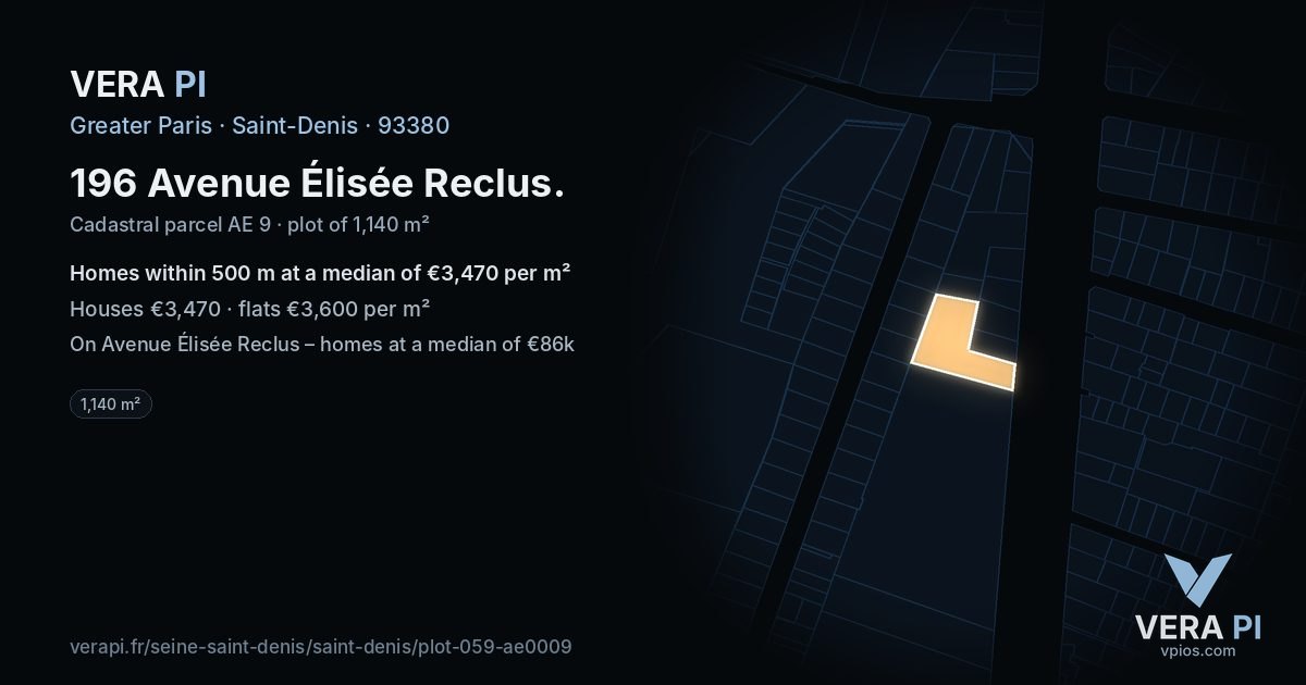 196 Avenue Élisée Reclus, Saint-Denis at night – the plot lit, the parcels around coloured by the prices near them