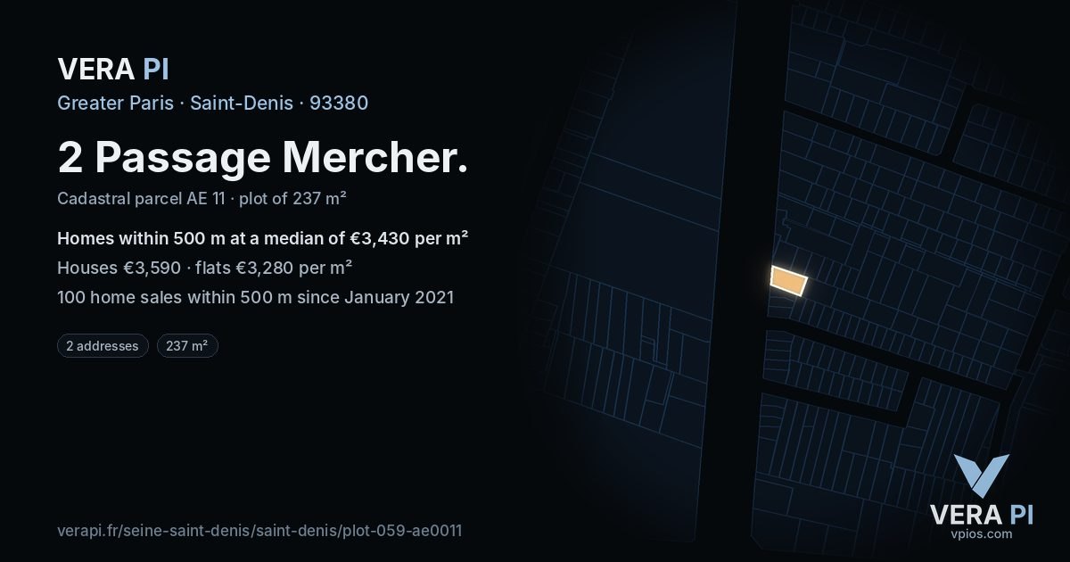 2 Passage Mercher, Saint-Denis at night – the plot lit, the parcels around coloured by the prices near them