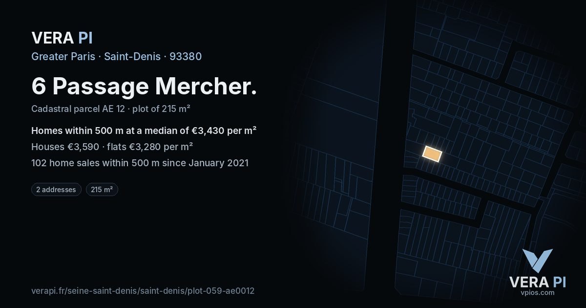 6 Passage Mercher, Saint-Denis at night – the plot lit, the parcels around coloured by the prices near them