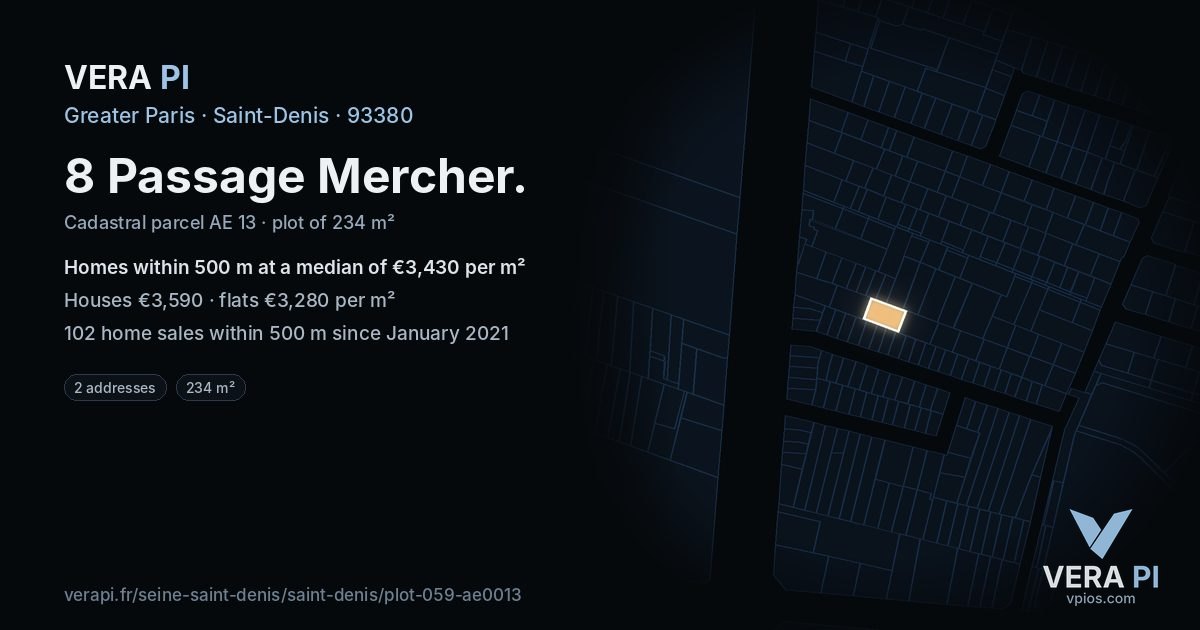 8 Passage Mercher, Saint-Denis at night – the plot lit, the parcels around coloured by the prices near them