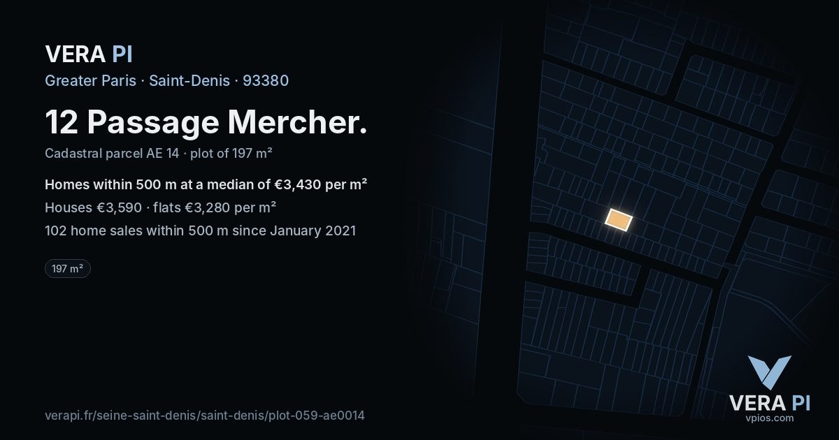 12 Passage Mercher, Saint-Denis at night – the plot lit, the parcels around coloured by the prices near them