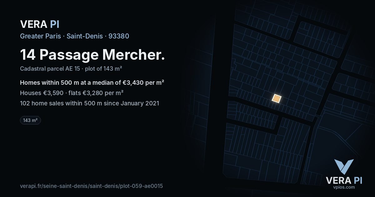 14 Passage Mercher, Saint-Denis at night – the plot lit, the parcels around coloured by the prices near them