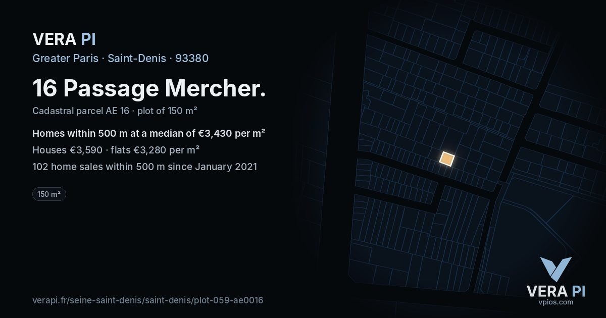 16 Passage Mercher, Saint-Denis at night – the plot lit, the parcels around coloured by the prices near them