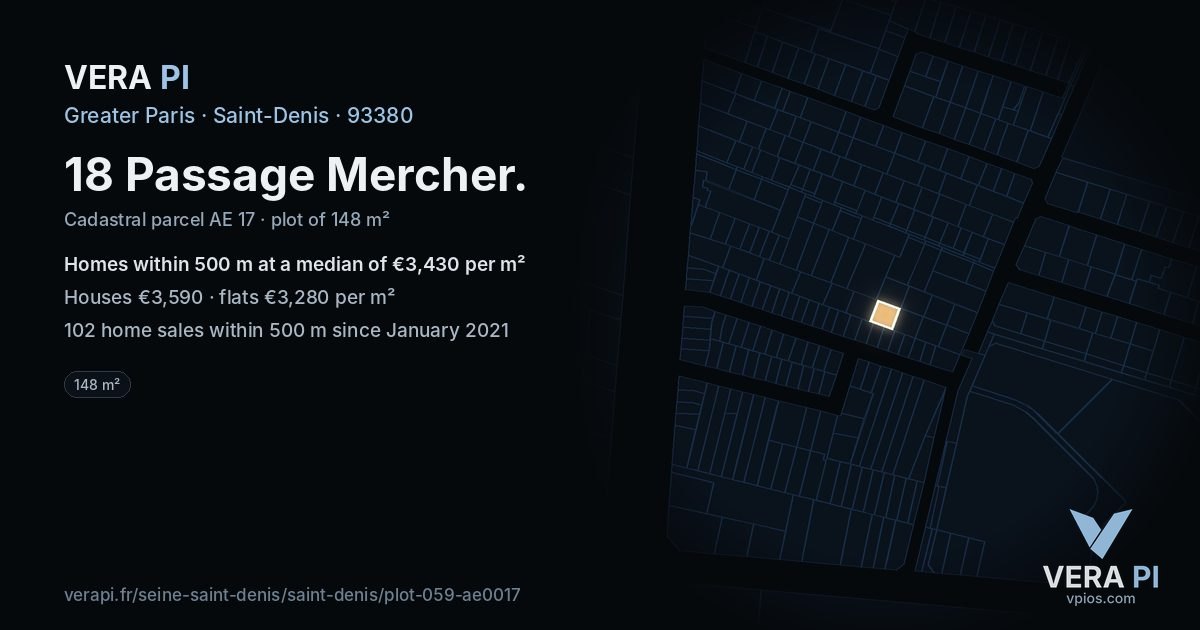 18 Passage Mercher, Saint-Denis at night – the plot lit, the parcels around coloured by the prices near them