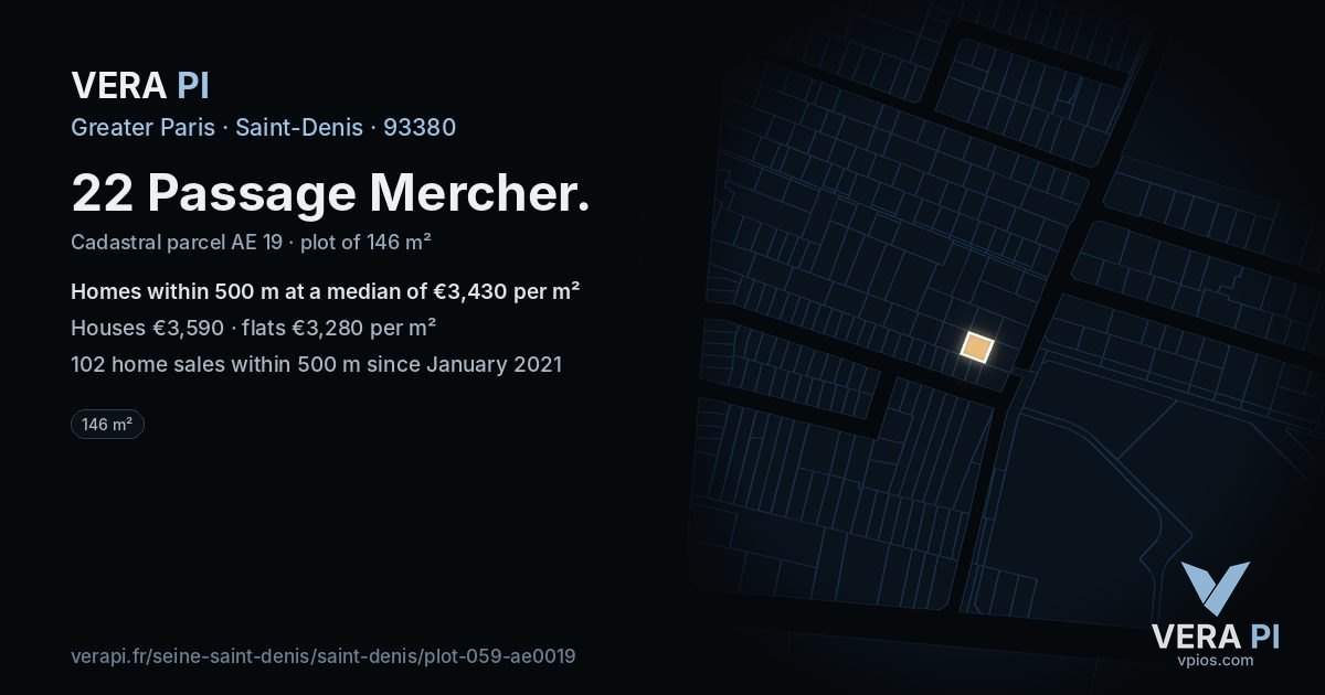 22 Passage Mercher, Saint-Denis at night – the plot lit, the parcels around coloured by the prices near them