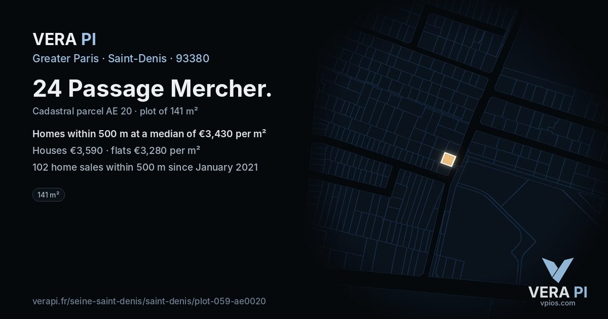 24 Passage Mercher, Saint-Denis at night – the plot lit, the parcels around coloured by the prices near them