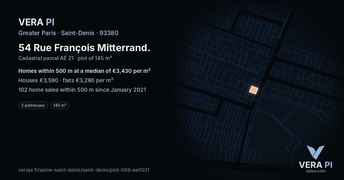 54 Rue François Mitterrand, Saint-Denis at night – the plot lit, the parcels around coloured by the prices near them