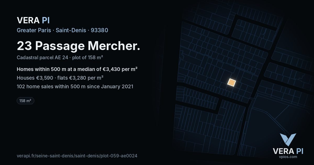 23 Passage Mercher, Saint-Denis at night – the plot lit, the parcels around coloured by the prices near them