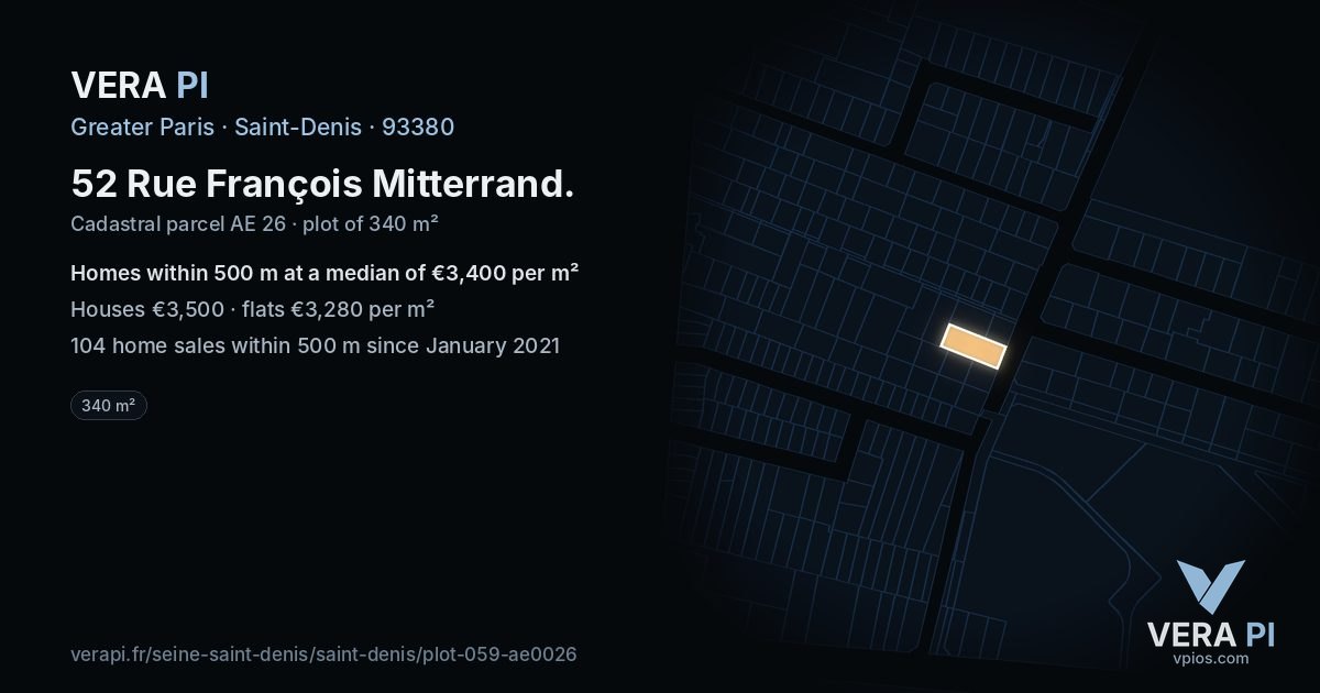 52 Rue François Mitterrand, Saint-Denis at night – the plot lit, the parcels around coloured by the prices near them