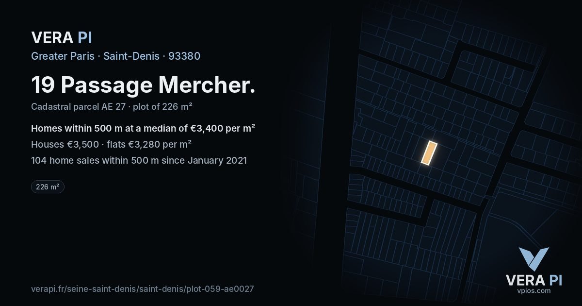 19 Passage Mercher, Saint-Denis at night – the plot lit, the parcels around coloured by the prices near them