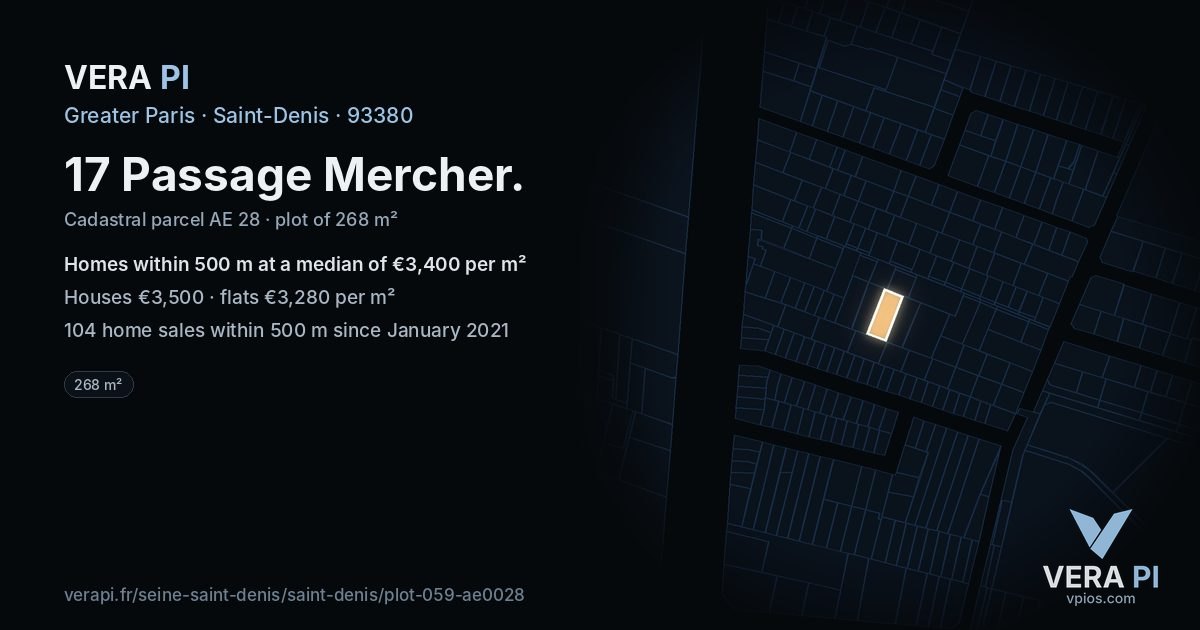 17 Passage Mercher, Saint-Denis at night – the plot lit, the parcels around coloured by the prices near them