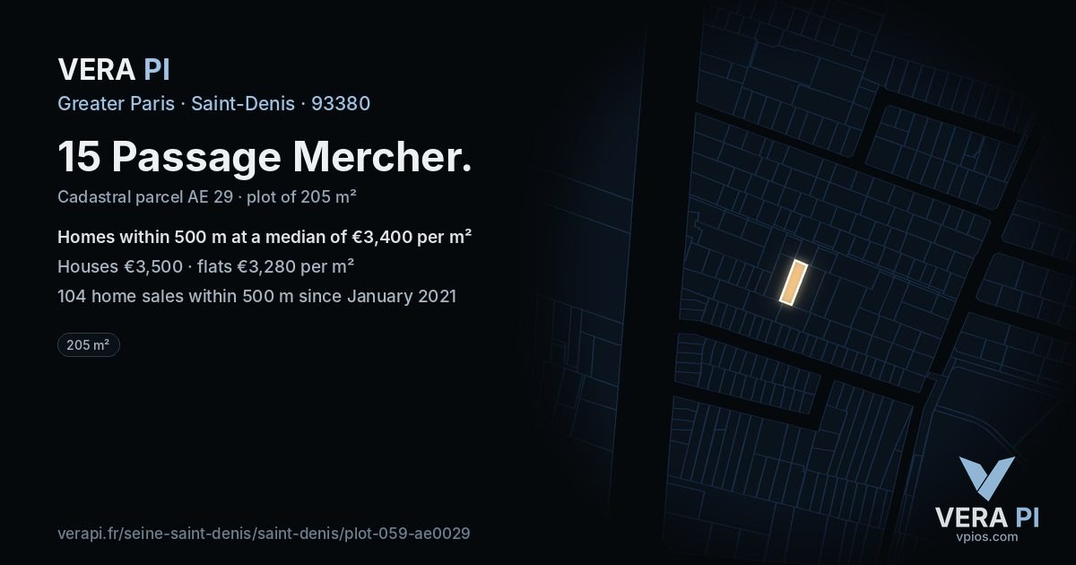 15 Passage Mercher, Saint-Denis at night – the plot lit, the parcels around coloured by the prices near them