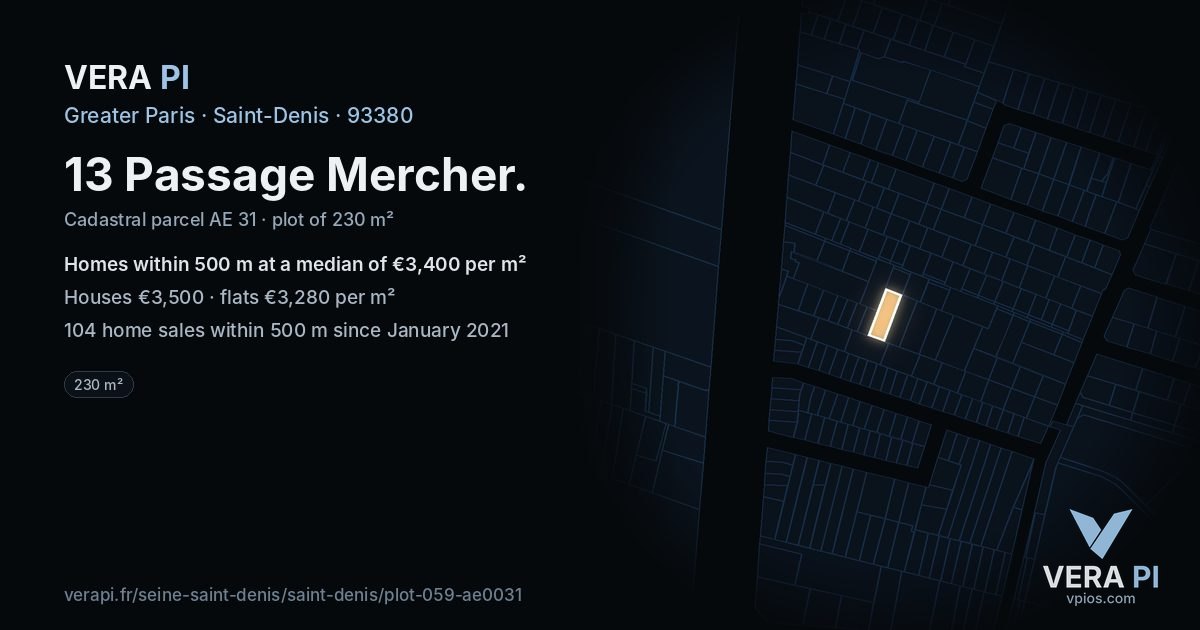 13 Passage Mercher, Saint-Denis at night – the plot lit, the parcels around coloured by the prices near them