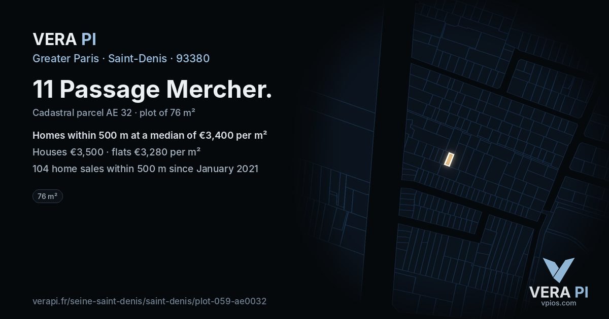 11 Passage Mercher, Saint-Denis at night – the plot lit, the parcels around coloured by the prices near them