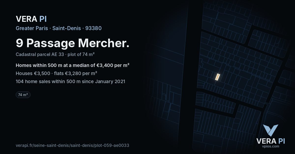 9 Passage Mercher, Saint-Denis at night – the plot lit, the parcels around coloured by the prices near them