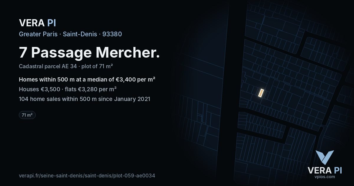 7 Passage Mercher, Saint-Denis at night – the plot lit, the parcels around coloured by the prices near them