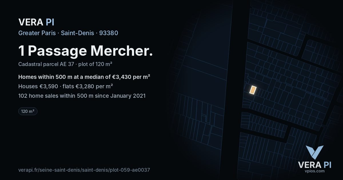 1 Passage Mercher, Saint-Denis at night – the plot lit, the parcels around coloured by the prices near them