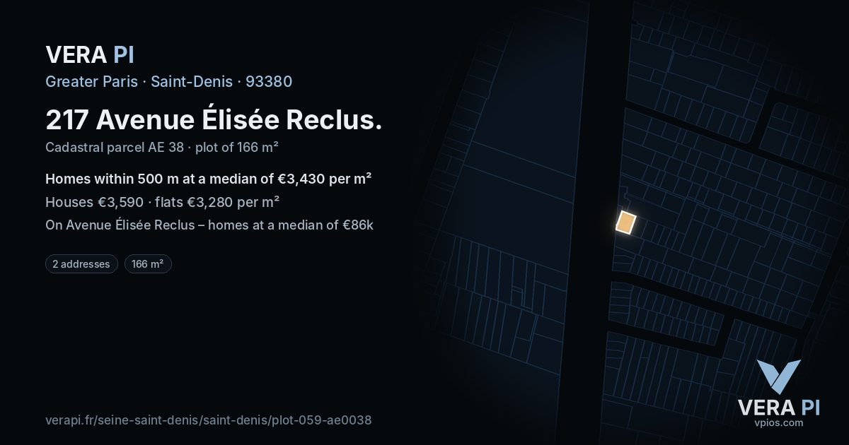 217 Avenue Élisée Reclus, Saint-Denis at night – the plot lit, the parcels around coloured by the prices near them