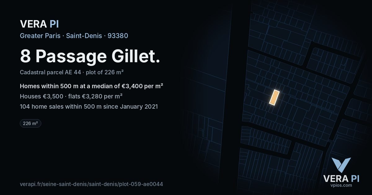 8 Passage Gillet, Saint-Denis at night – the plot lit, the parcels around coloured by the prices near them