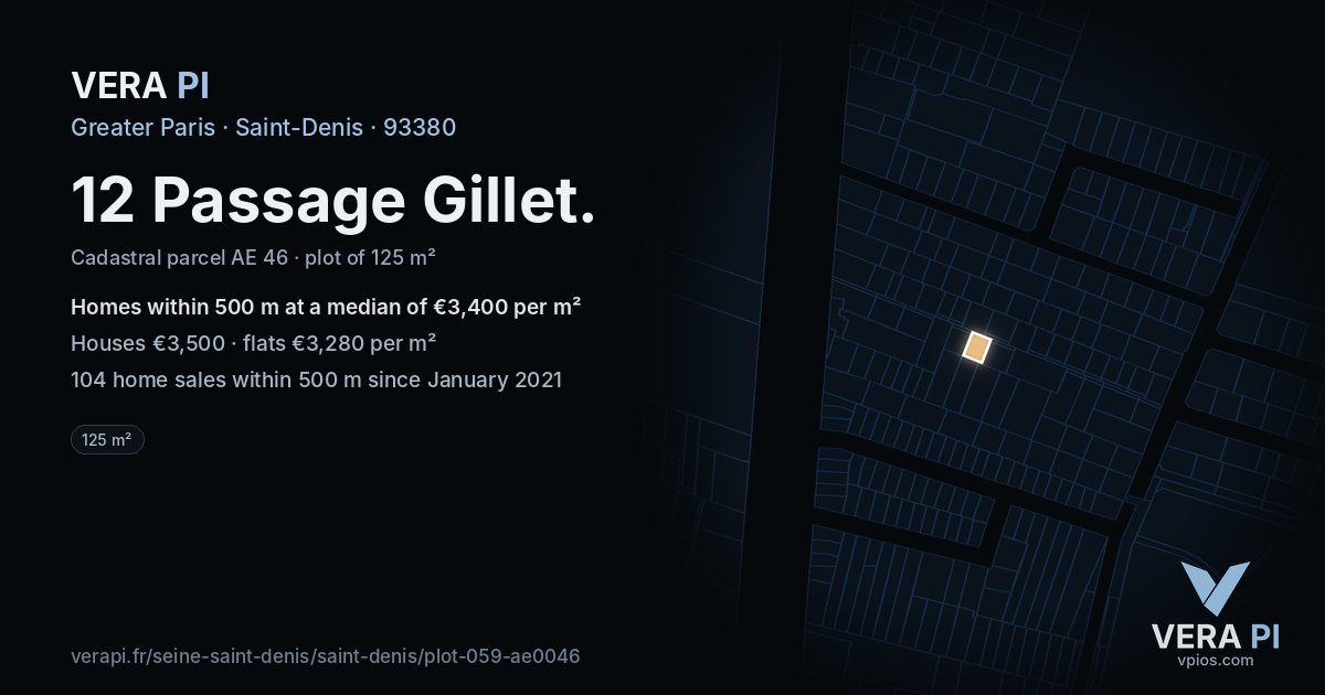 12 Passage Gillet, Saint-Denis at night – the plot lit, the parcels around coloured by the prices near them