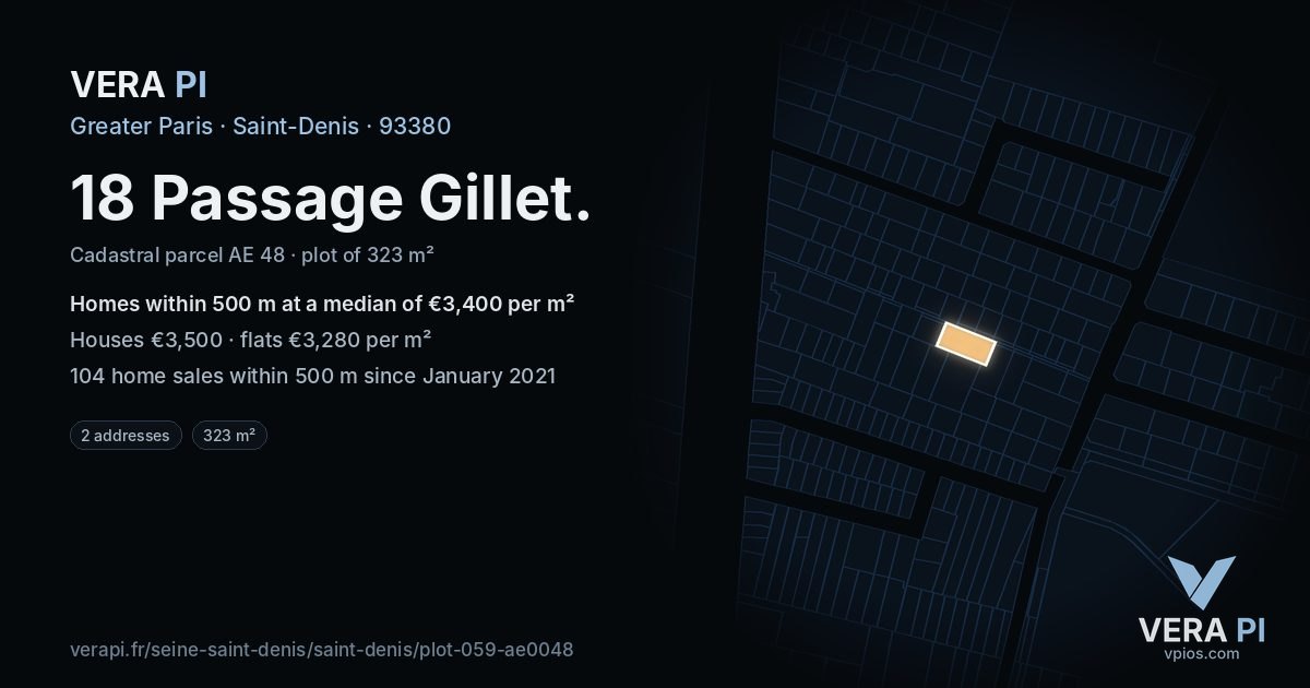 18 Passage Gillet, Saint-Denis at night – the plot lit, the parcels around coloured by the prices near them