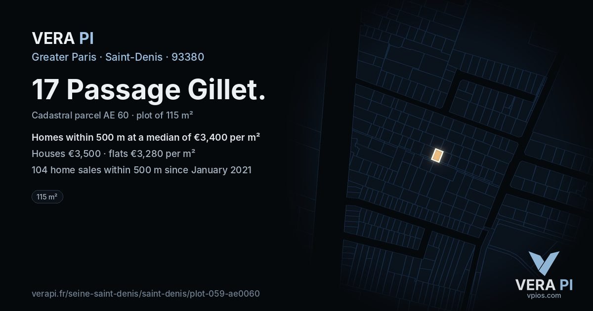 17 Passage Gillet, Saint-Denis at night – the plot lit, the parcels around coloured by the prices near them