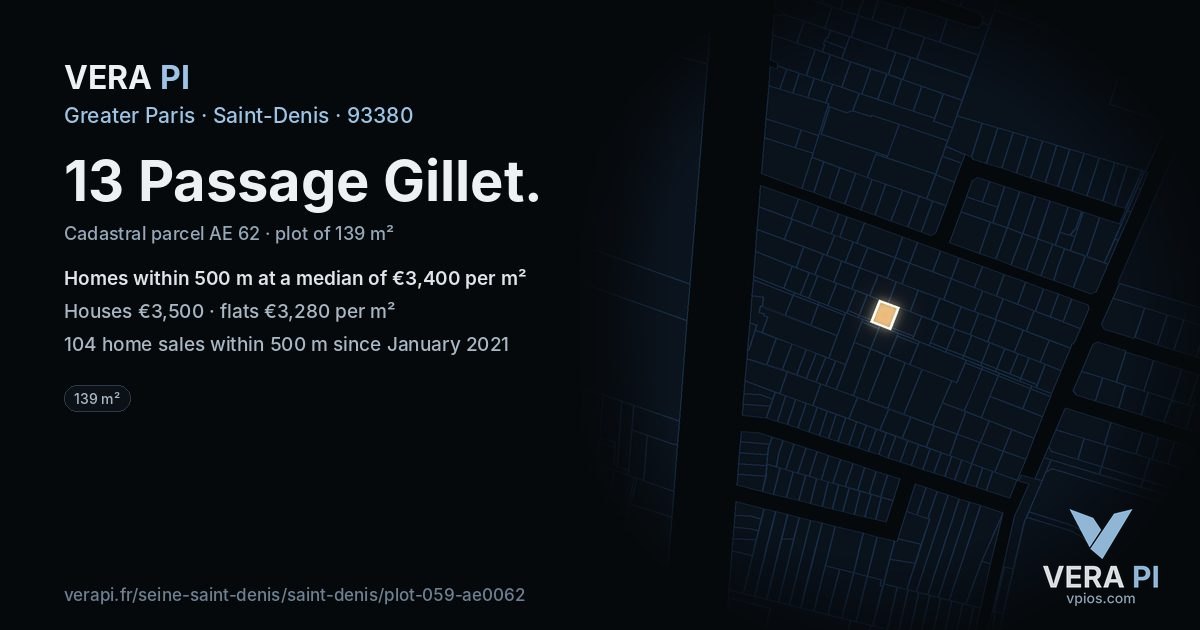 13 Passage Gillet, Saint-Denis at night – the plot lit, the parcels around coloured by the prices near them