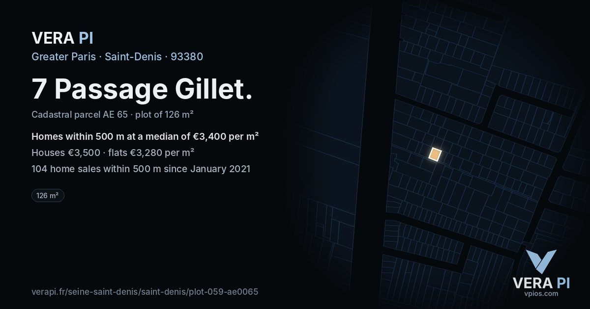 7 Passage Gillet, Saint-Denis at night – the plot lit, the parcels around coloured by the prices near them