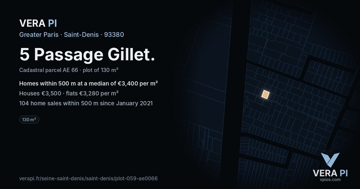 5 Passage Gillet, Saint-Denis at night – the plot lit, the parcels around coloured by the prices near them