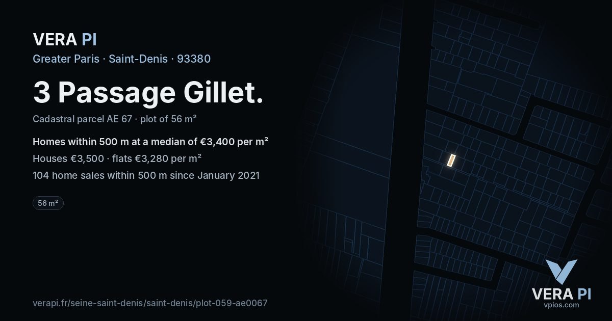 3 Passage Gillet, Saint-Denis at night – the plot lit, the parcels around coloured by the prices near them