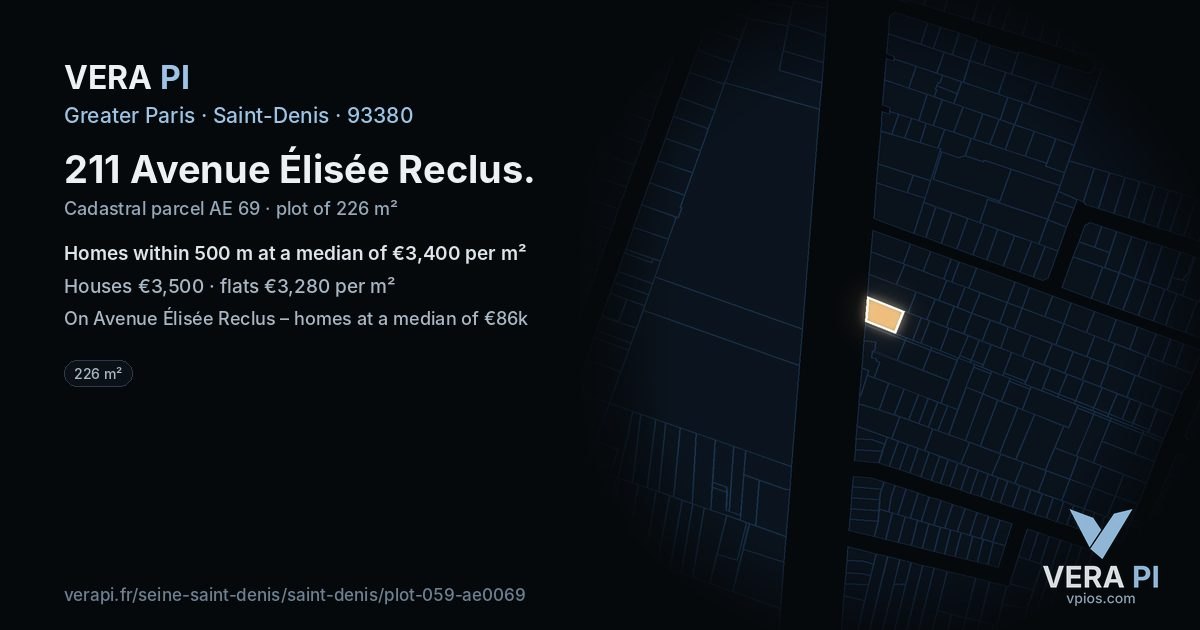 211 Avenue Élisée Reclus, Saint-Denis at night – the plot lit, the parcels around coloured by the prices near them