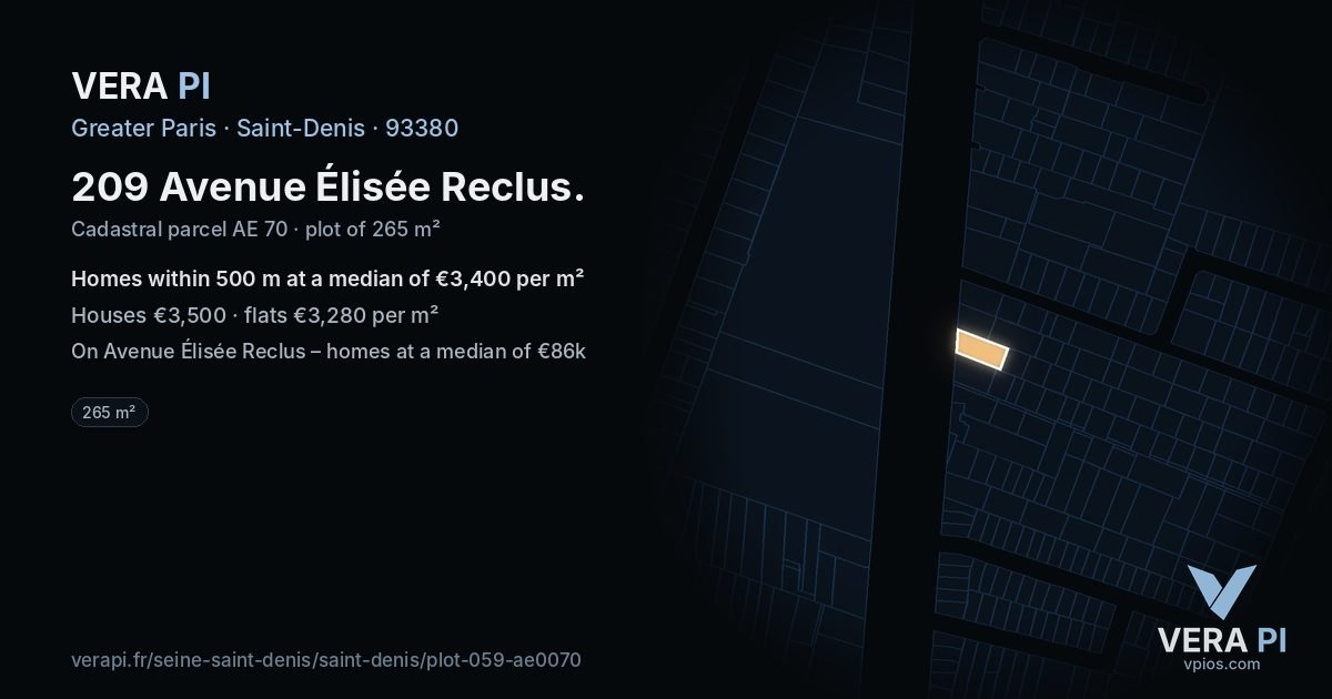 209 Avenue Élisée Reclus, Saint-Denis at night – the plot lit, the parcels around coloured by the prices near them